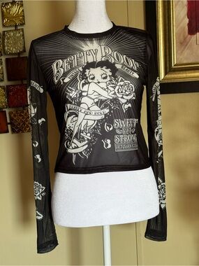 Betty Boop Black and White Sheer Graphic Long Sleeve Top